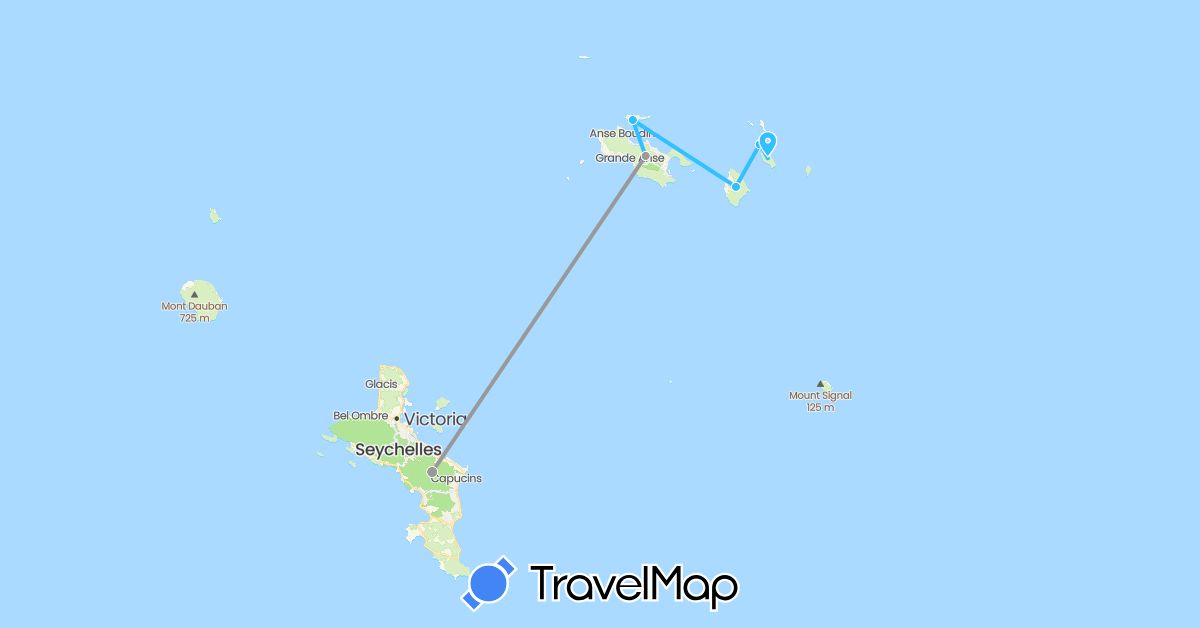TravelMap itinerary: plane, boat in Seychelles (Africa)
