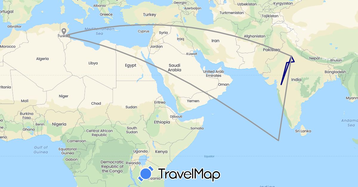 TravelMap itinerary: driving, plane in India, Maldives, Tunisia (Africa, Asia)